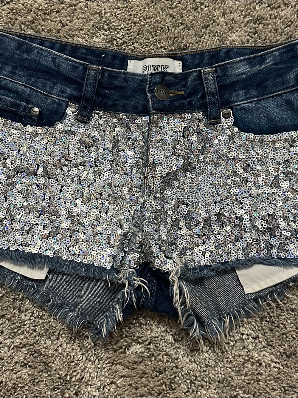 Y2K PINK by Victoria's Secret Holographic Sequin Denim Cutoff Shorts - Size 0